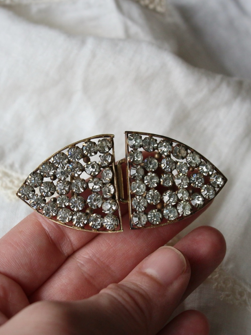 1920-30's Czechoslovakian Art Deco Rhinestone Brass Sash Buckle